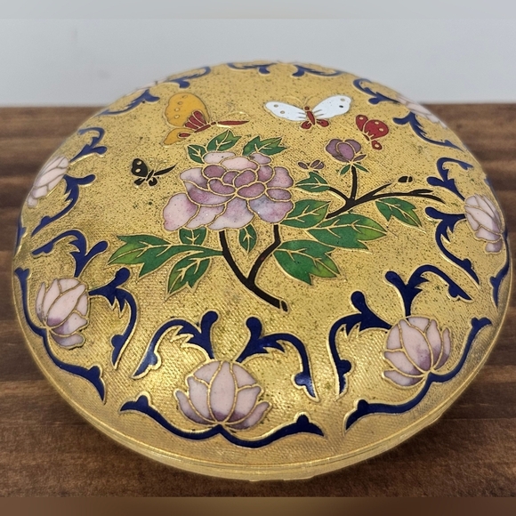 Vintage Cloisonné And Enamel Flower And Butterflies Trinket Jewelry Box Round - Picture 1 of 13